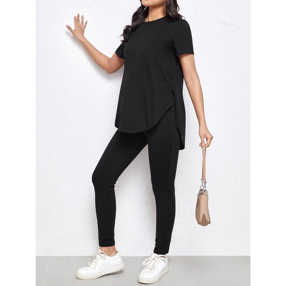 2 piece set: Maternity Split Curved Hem Solid Top & Leggings Set black - Picture 1 of 11